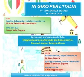 Plakat informacyjny o zajęciach edukacyjnych w języka włoskiego. Plakat In Giro per l'Italia