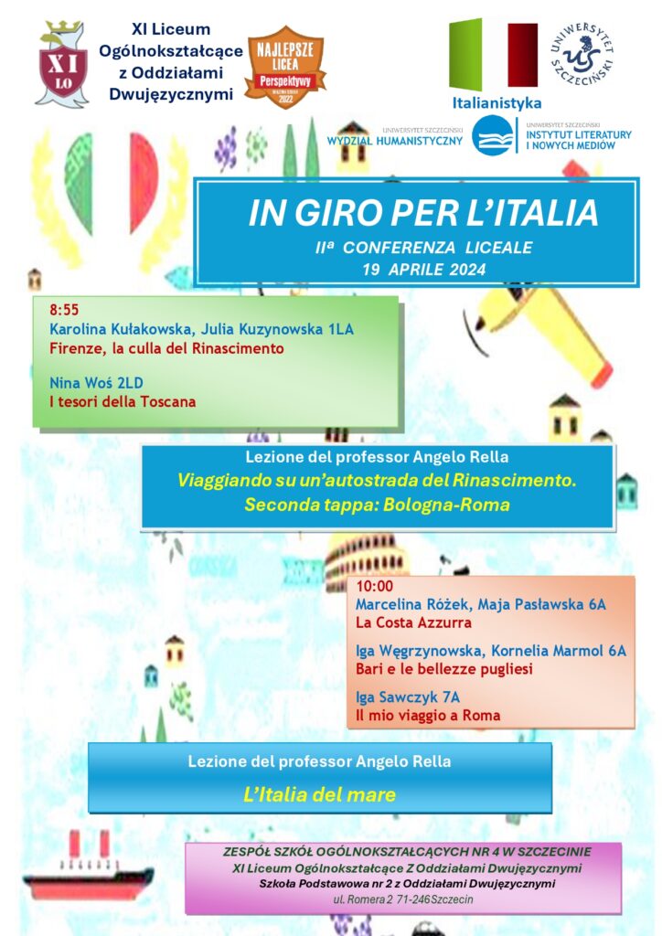 Plakat informacyjny o zajęciach edukacyjnych w języka włoskiego. Plakat In Giro per l'Italia 