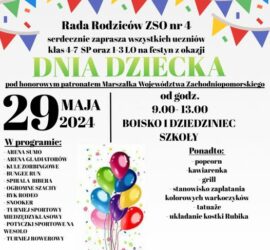 Plakat przedstawiający najważniejsze informacje na temat festynu z okazji Dnia Dziecka